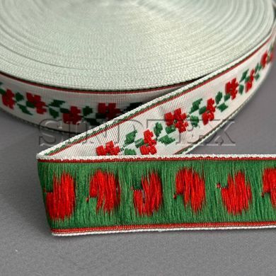 2 см Тесьма национальная с орнаментом - красные маки, зеленые листики